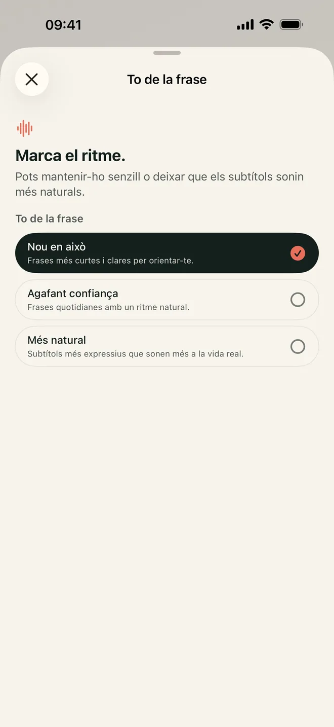 Pantalla Estil de frase de Kapio amb tres opcions d’estil