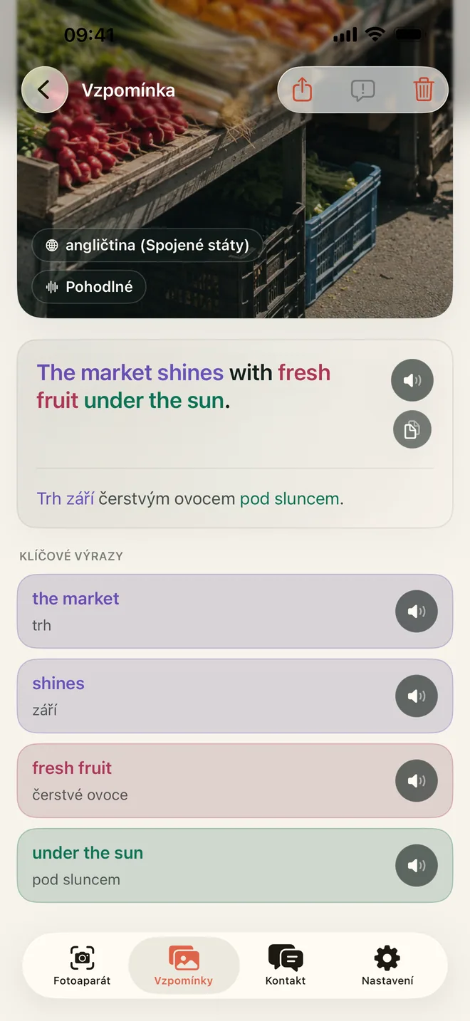 Detail Vzpomínky v Kapiu s tržní scénou, španělskou větou, jejím významem a klíčovými frázemi