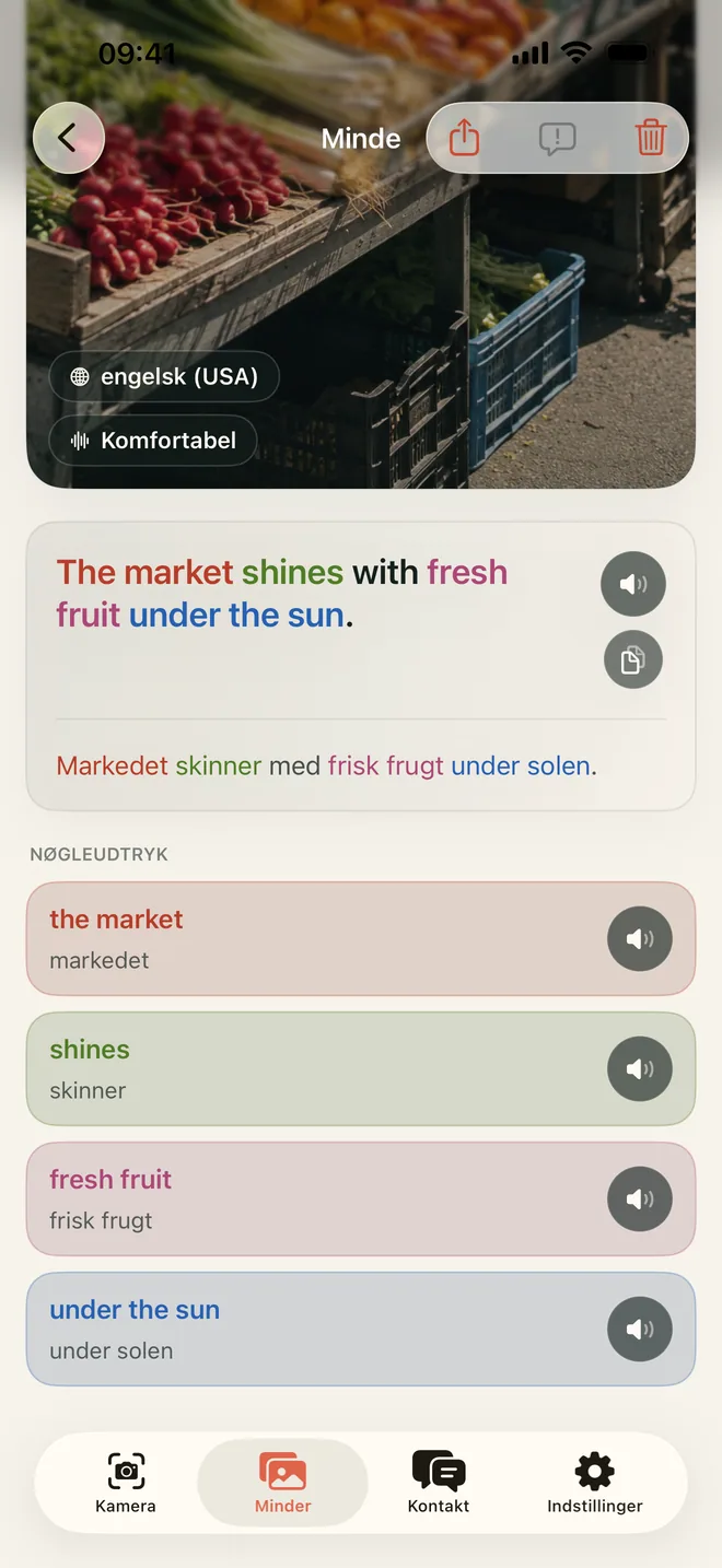 Detalje af et Kapio-Minde med en markedsscene, en spansk sætning, dens betydning og nøgleudtryk