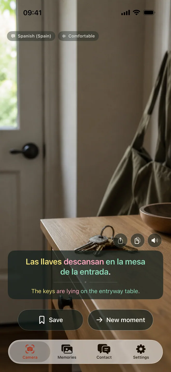 Kapio camera screen revealing the English meaning of a Spanish sentence about keys on an entryway table
