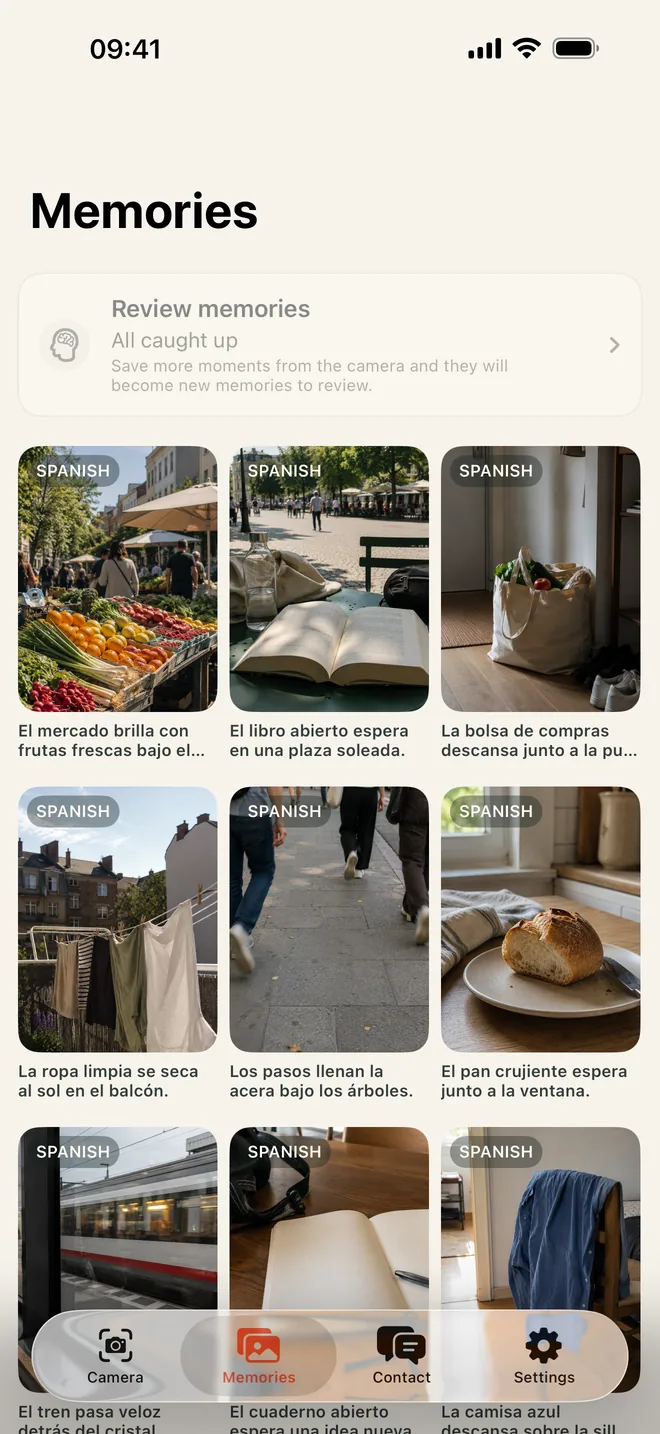 Kapio Memories gallery showing saved everyday scenes with Spanish sentences