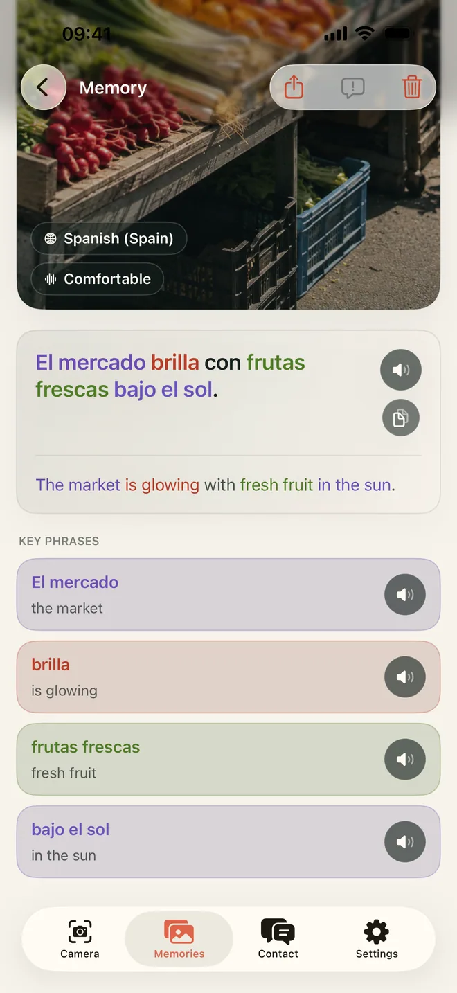 Kapio Memory detail showing a market scene, Spanish sentence, meaning and key phrases