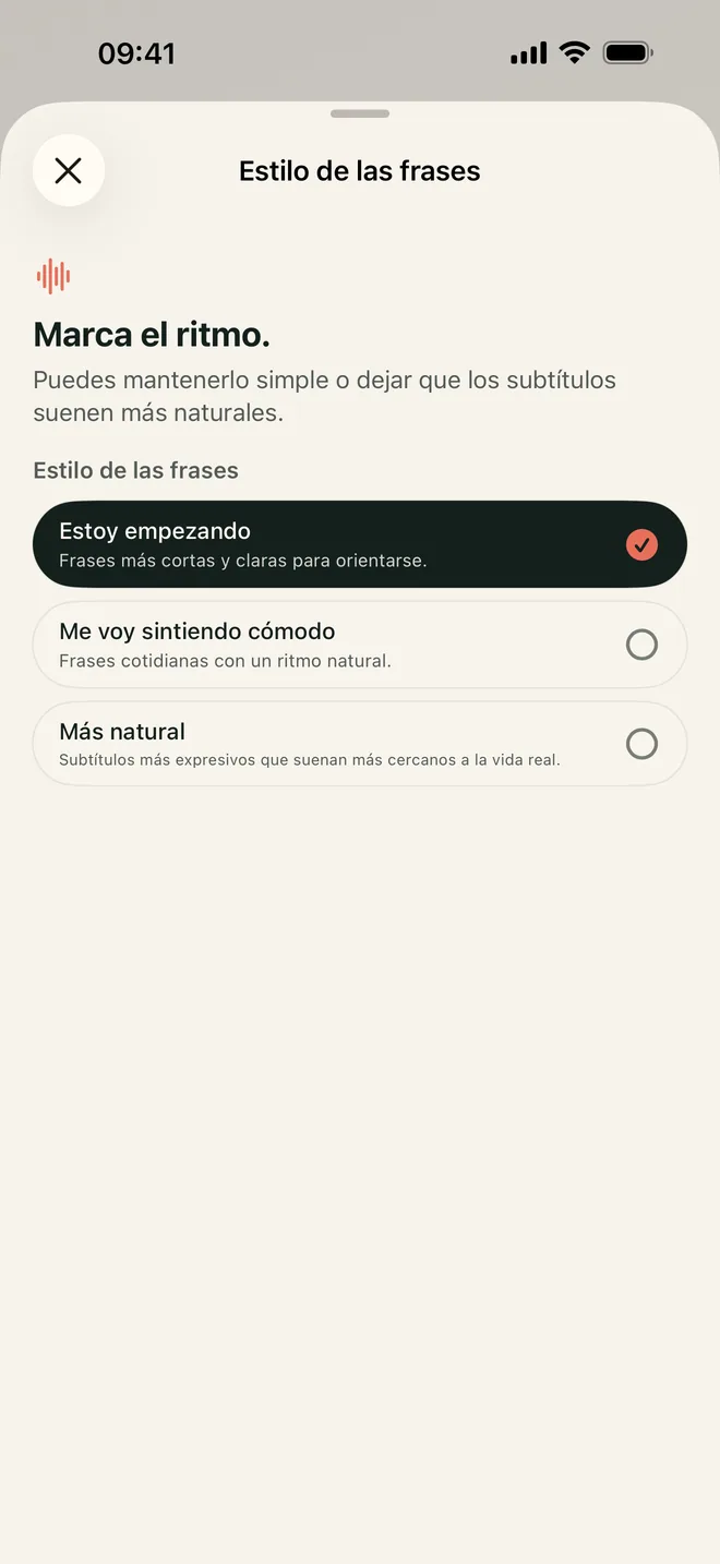 Pantalla Estilo de frase de Kapio con tres opciones de estilo