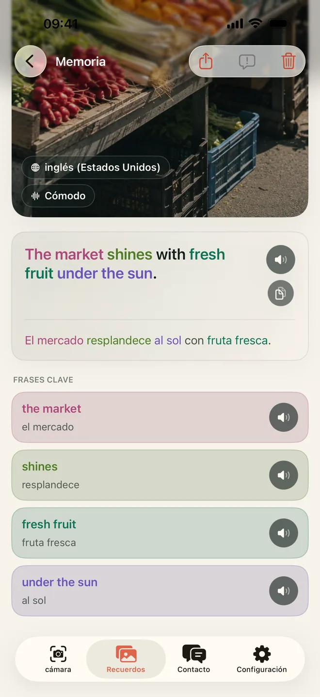 Detalle de un Recuerdo de Kapio con una escena de mercado, una frase en español, su significado y expresiones clave