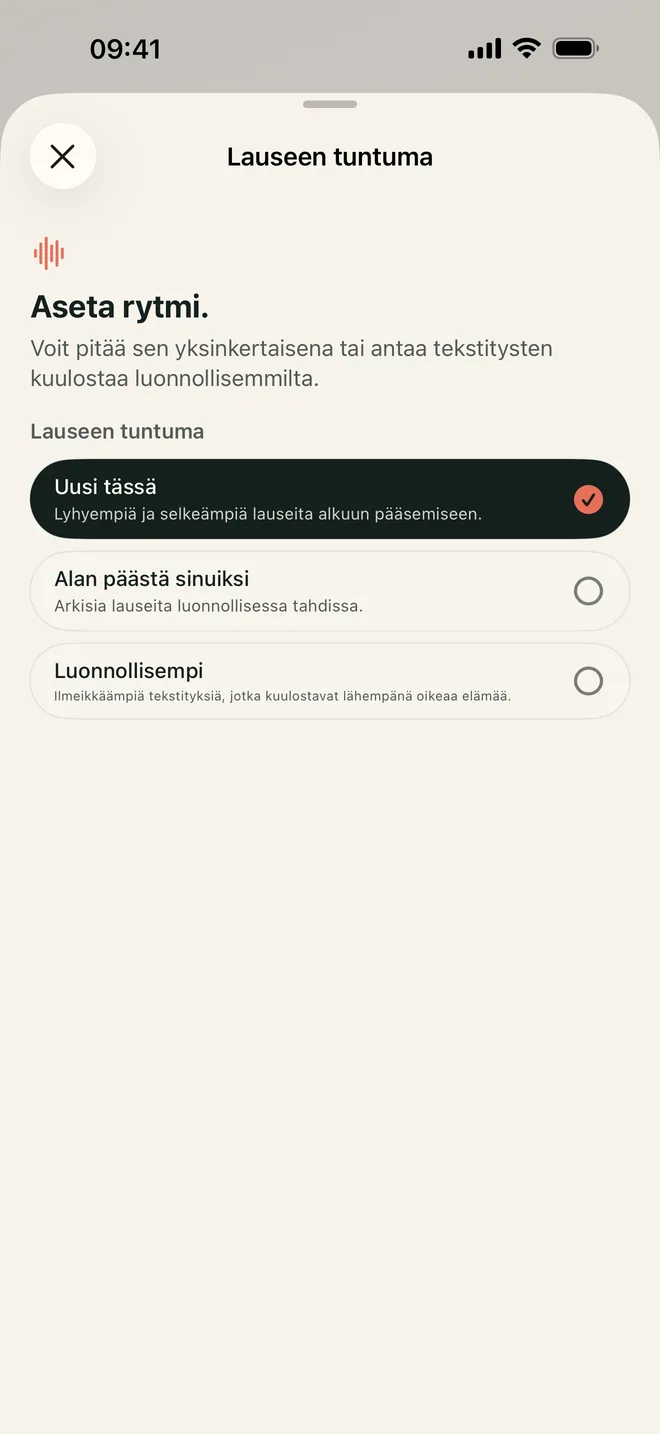 Kapion Lausetyyli-näkymä, jossa on kolme tyylivaihtoehtoa