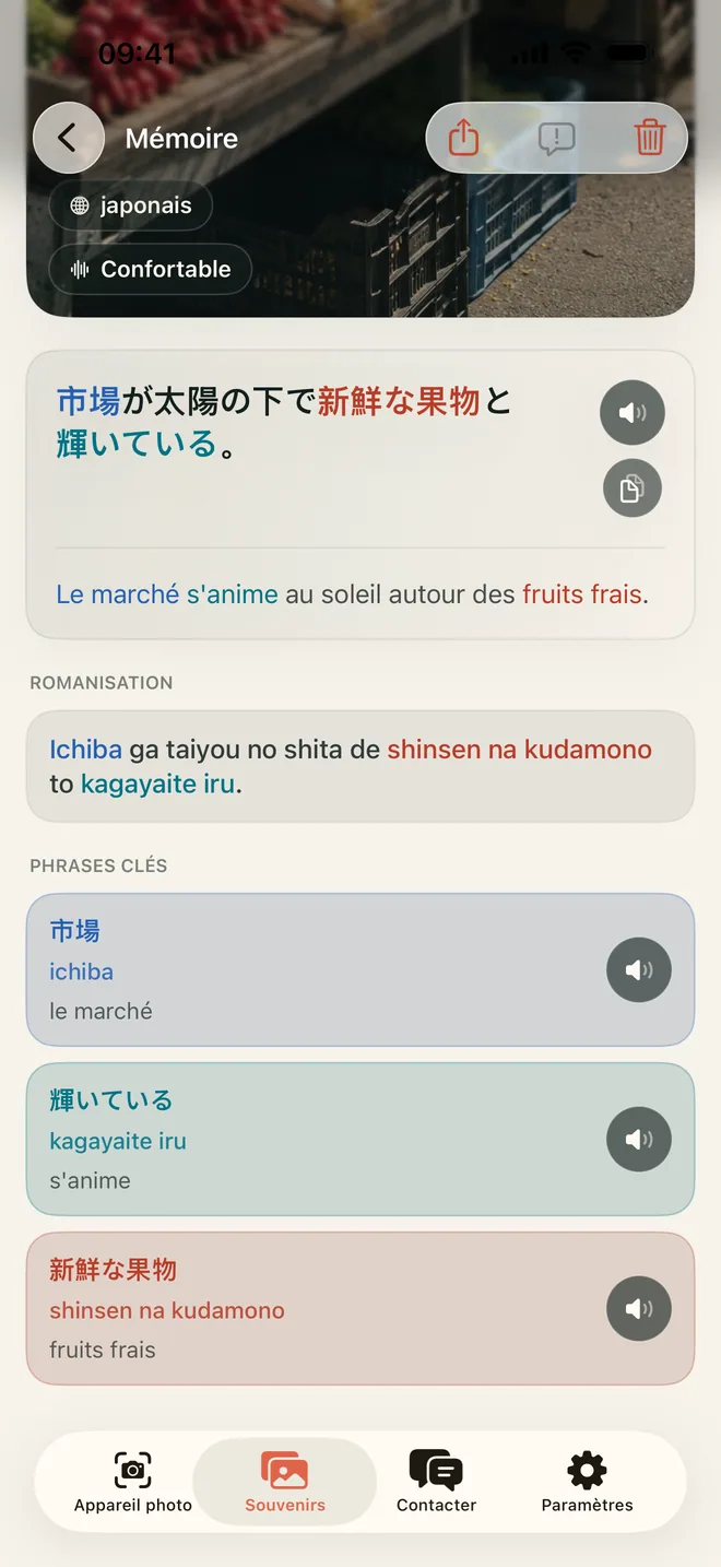 Détail d’un Souvenir Kapio montrant un marché, une phrase en espagnol, son sens et des expressions clés