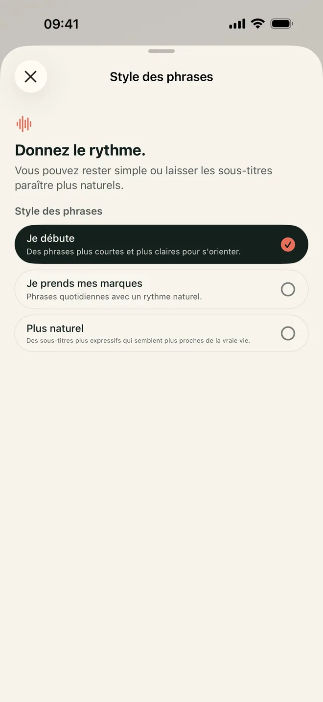 Écran Style de phrase de Kapio proposant trois styles au choix