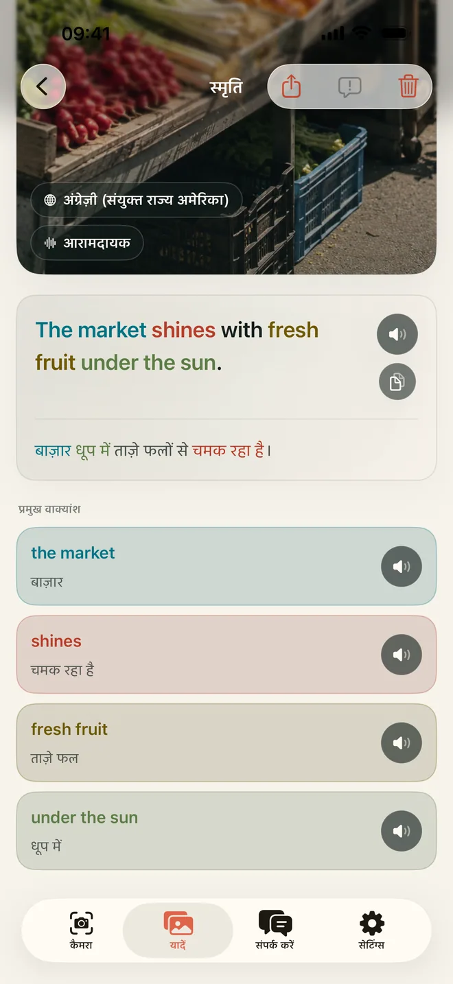 वाक्य, अर्थ और उपलब्ध मुख्य वाक्यांशों के साथ सहेजी गई Kapio याद