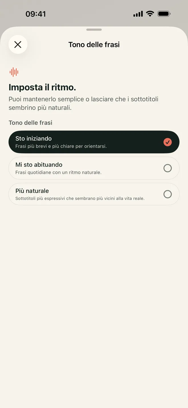 Le tre opzioni di stile della frase di Kapio per scegliere quanta lingua incontrare in un momento