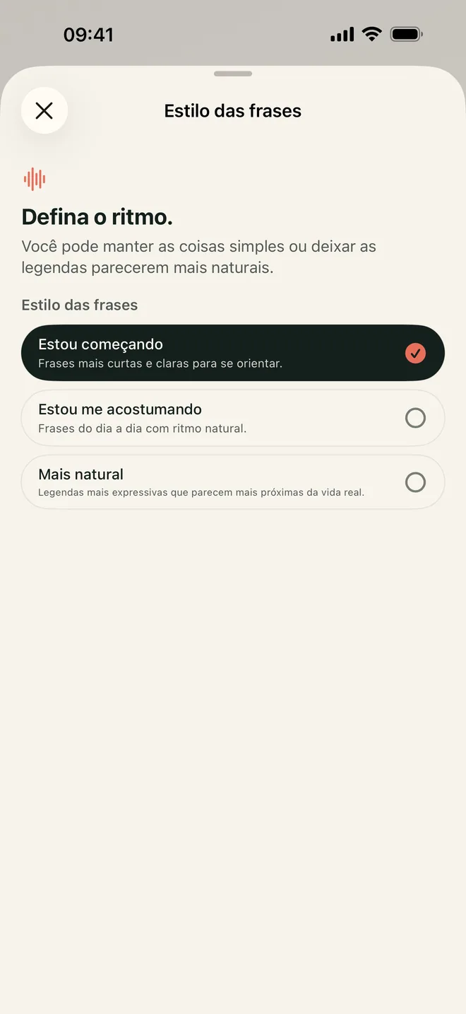 As três opções de estilo de frase do Kapio para escolher quanto do idioma encontrar em um momento