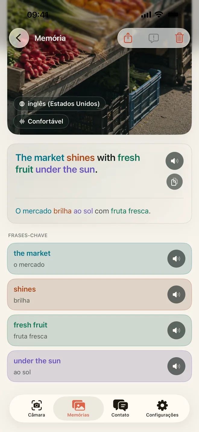 Uma Memória guardada no Kapio com a frase, o significado e as expressões-chave disponíveis