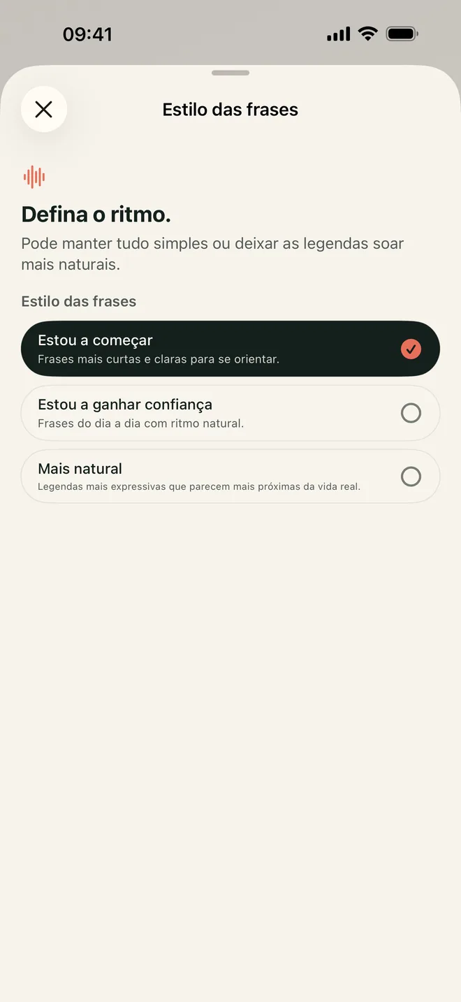 As três opções de estilo de frase do Kapio para escolher quanta língua encontrar num momento