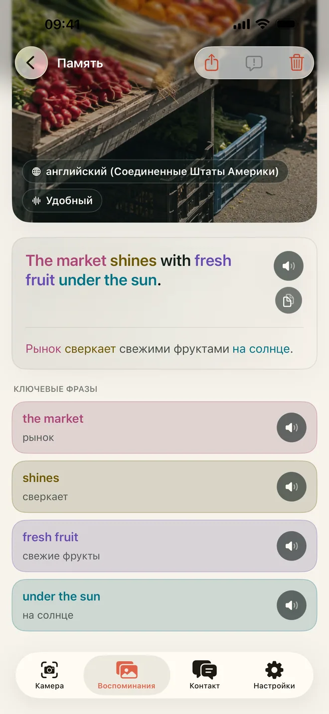 Сохранённое Воспоминание Kapio со сценой, предложением, значением и доступными ключевыми выражениями