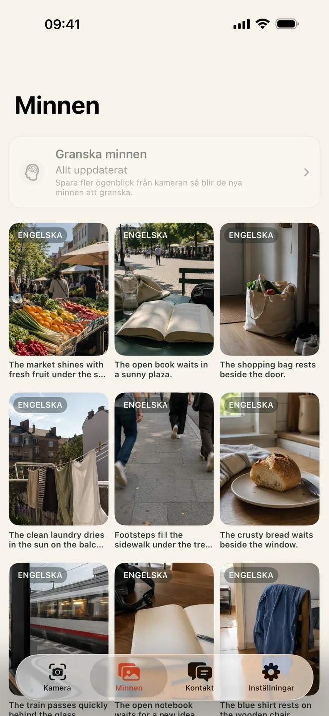 Kapio Minnen på iPhone visar sparade kameraögonblick i en privat visuell språkdagbok
