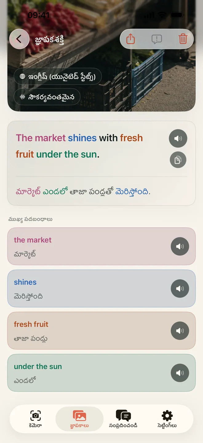 దృశ్యం, వాక్యం, అర్థం మరియు అందుబాటులో ఉన్న ముఖ్య పదబంధాలతో సేవ్ చేసిన Kapio జ్ఞాపకం