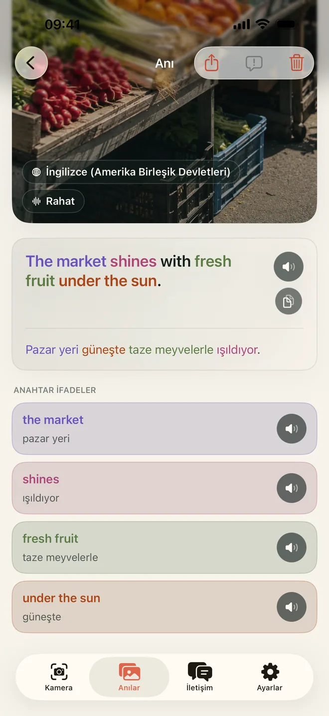 Sahnesi, cümlesi, anlamı ve mevcut anahtar ifadeleriyle kaydedilmiş bir Kapio Anısı